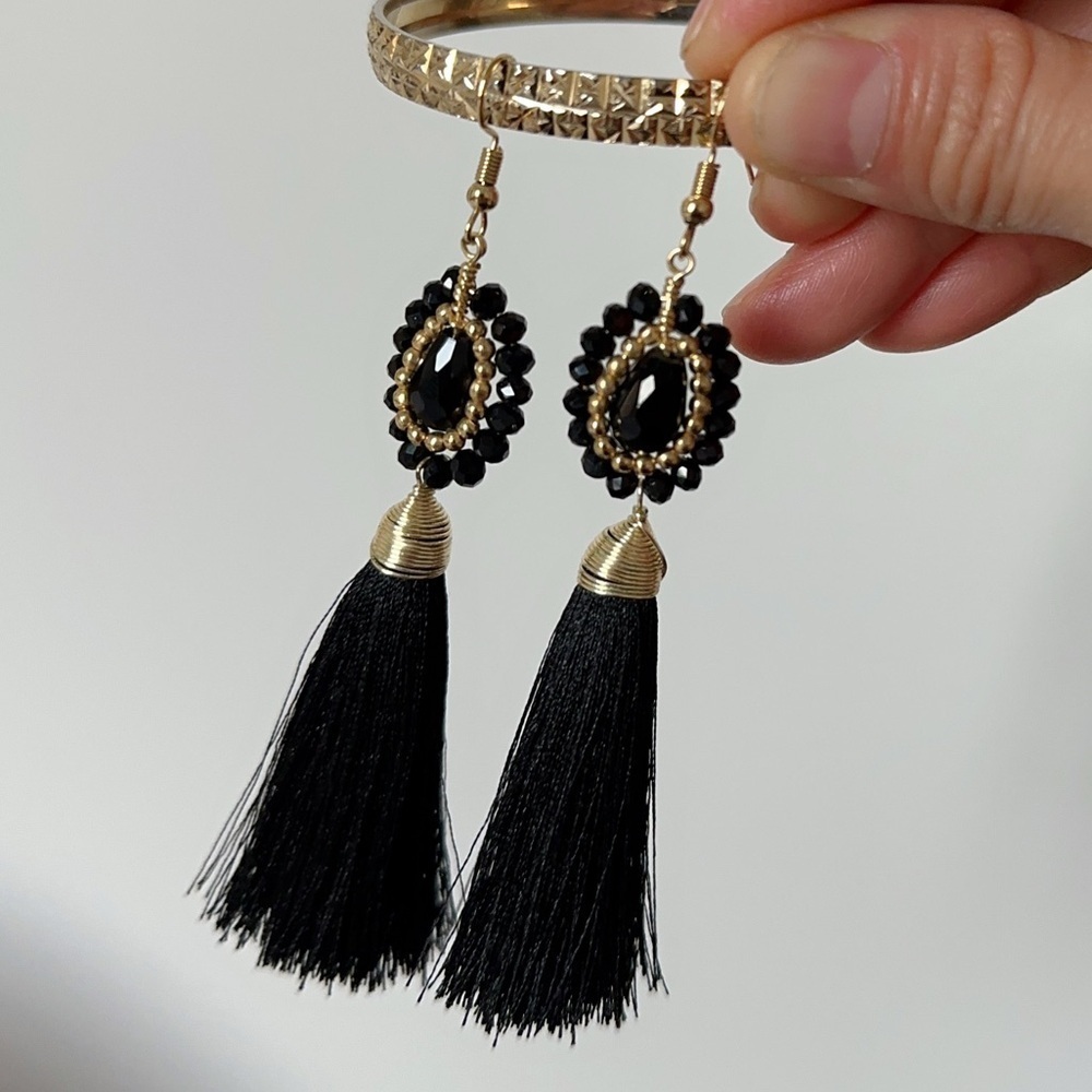 Elegant Black and Gold Tassel Earrings